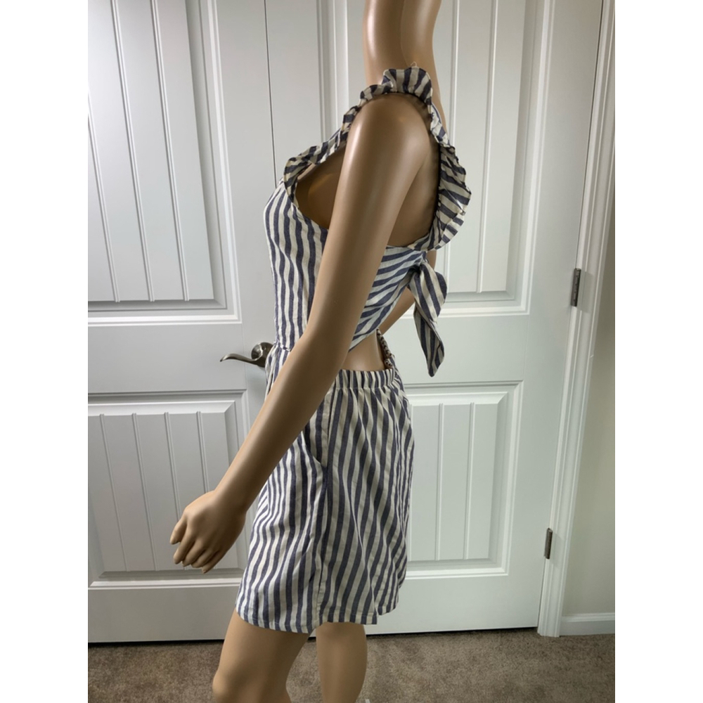 Women's Striped Romper Romper Size 6 Blue/White Ruffles Fitted Waist Cottagecore - Picture 11 of 16